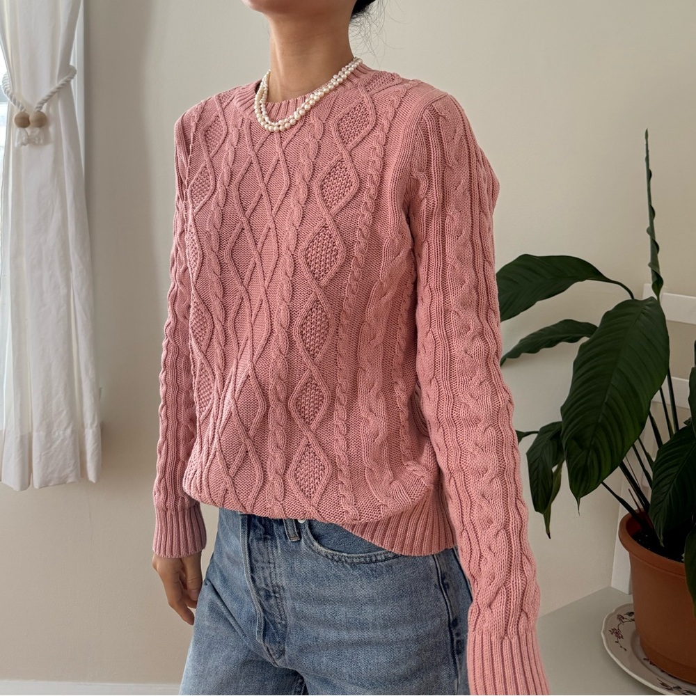 Jeanne Pierre 100% Cotton Crewneck Pink Cable Knit Sweater Long Sleeve Size M